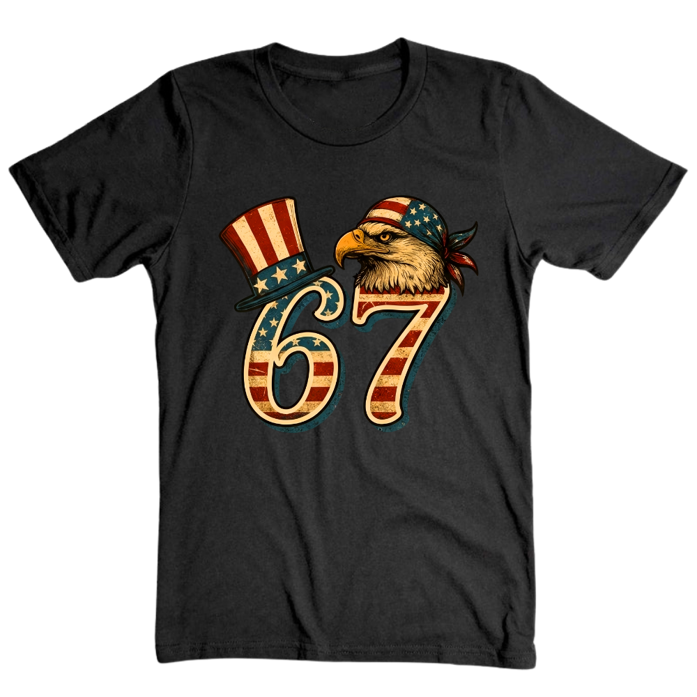 67 Patriotic Eagle Six Seven Meme Vintage American Flag - T-Shirt