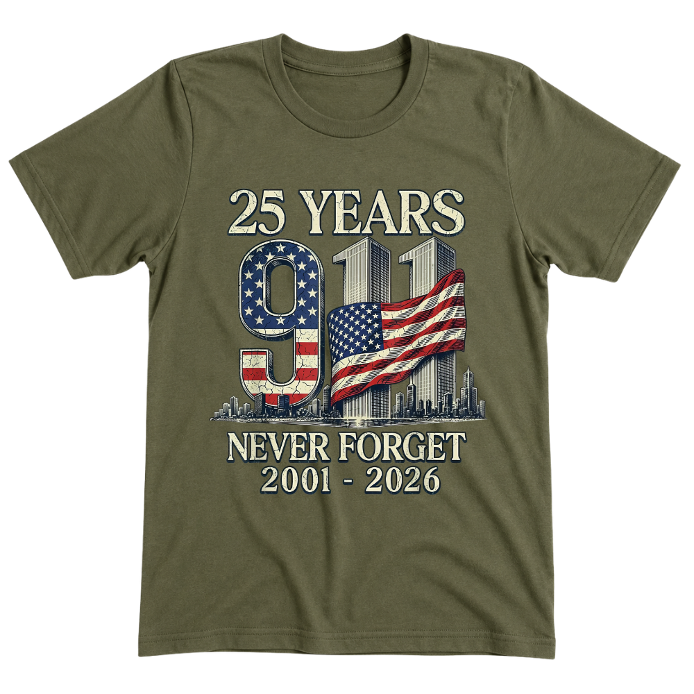 25 Years 9/11 Never Forget American Flag - T-Shirt