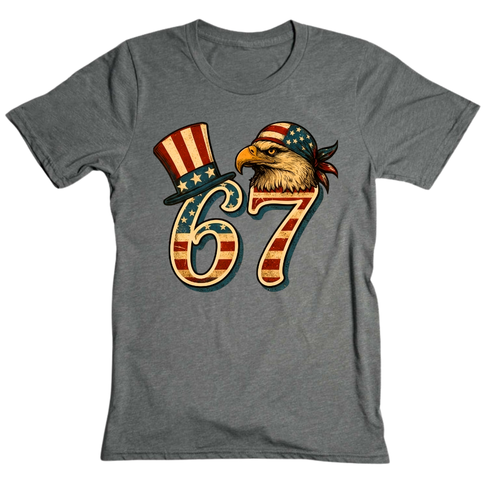 67 Patriotic Eagle Six Seven Meme Vintage American Flag - T-Shirt