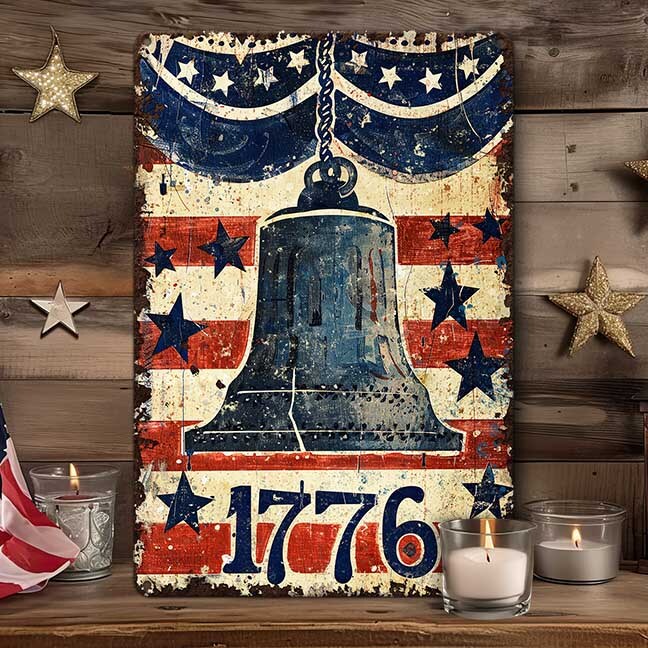 1776 Liberty Bell Metal Sign Vintage Patriotic USA Decor