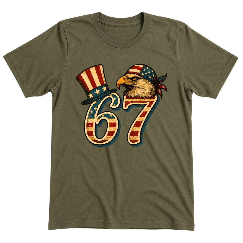 67 Patriotic Eagle Six Seven Meme Vintage American Flag - T-Shirt