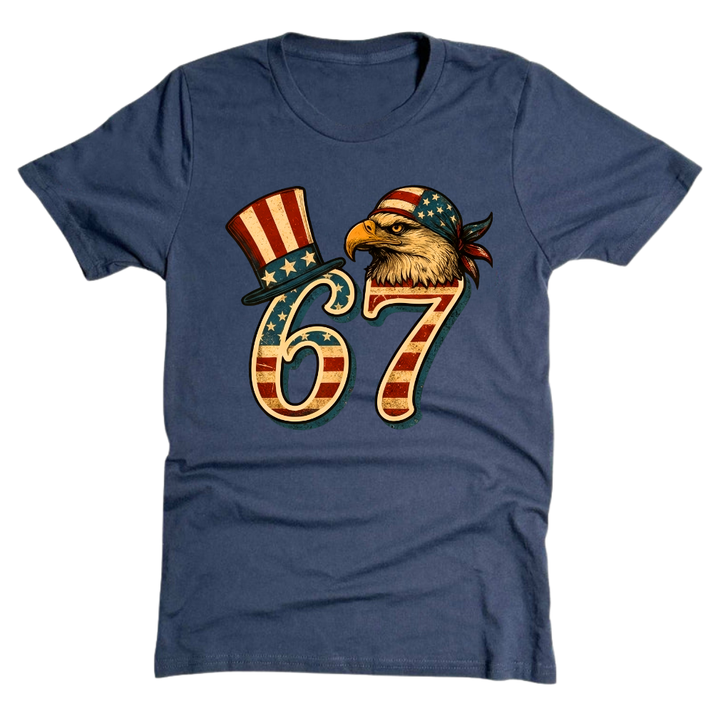 67 Patriotic Eagle Six Seven Meme Vintage American Flag - T-Shirt