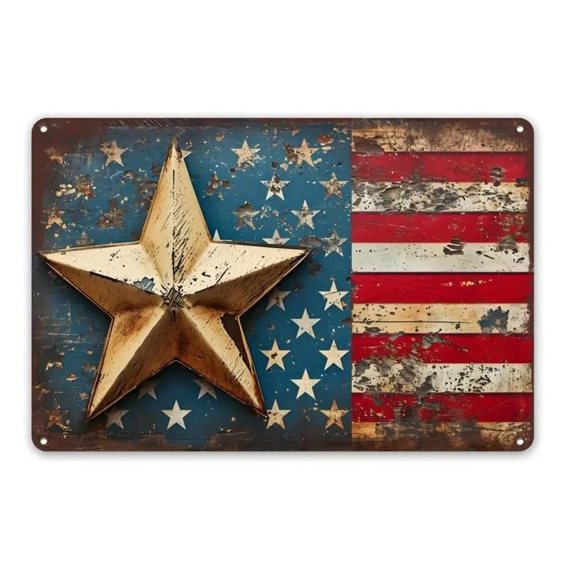 Vintage American Flag Metal Sign Rustic Patriotic Decor