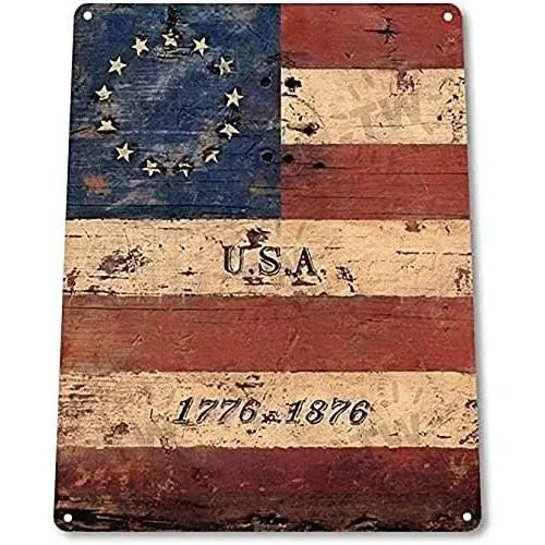 1776 1876 Vintage USA Flag Metal Sign Patriotic Decor