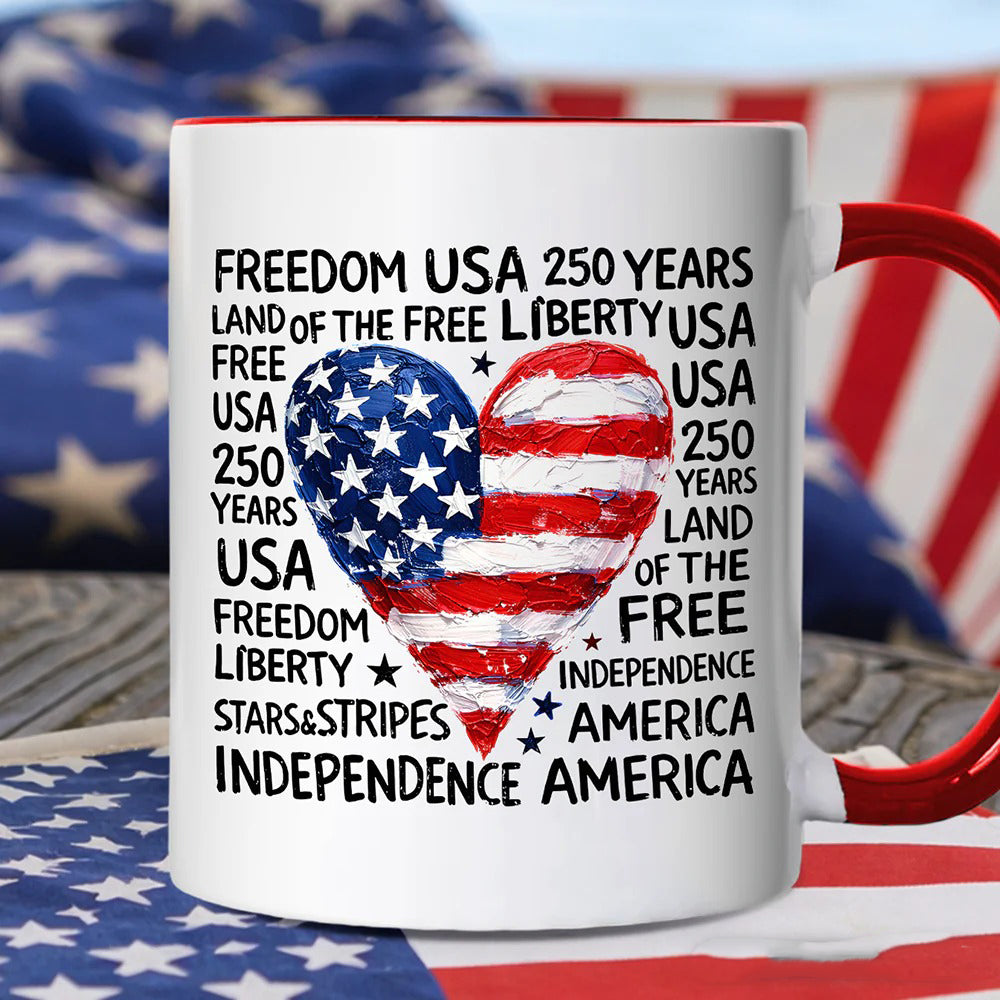 USA 250 Years Heart Flag Mug Patriotic Freedom