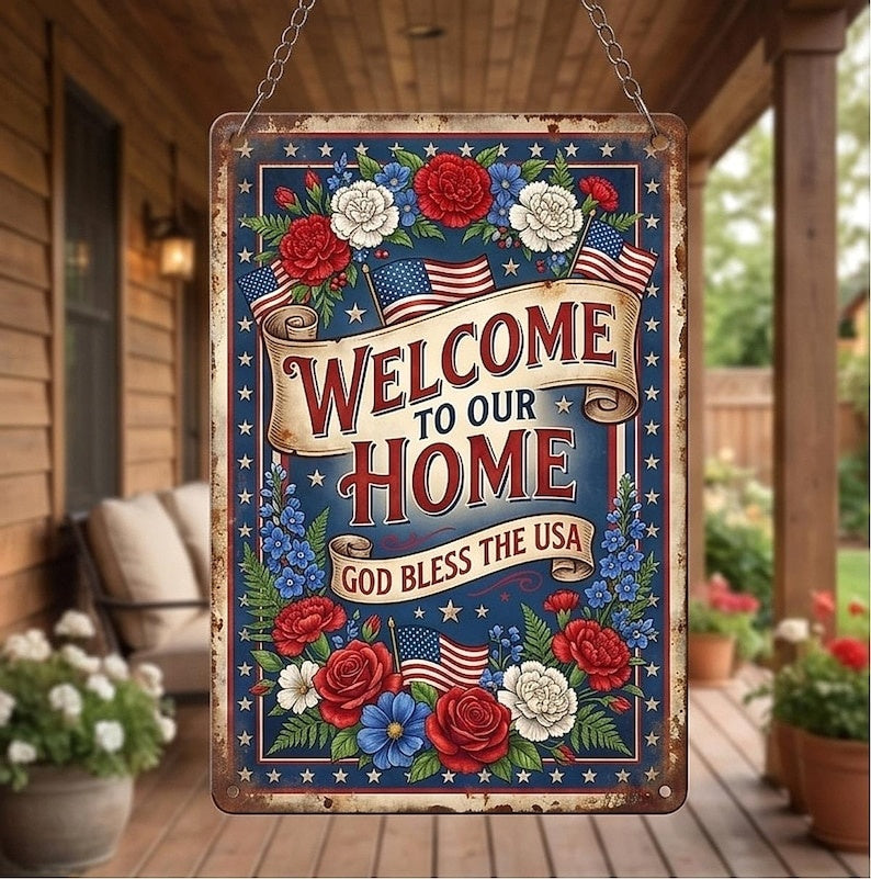 Welcome To Our Home Metal Sign Patriotic Floral USA Decor