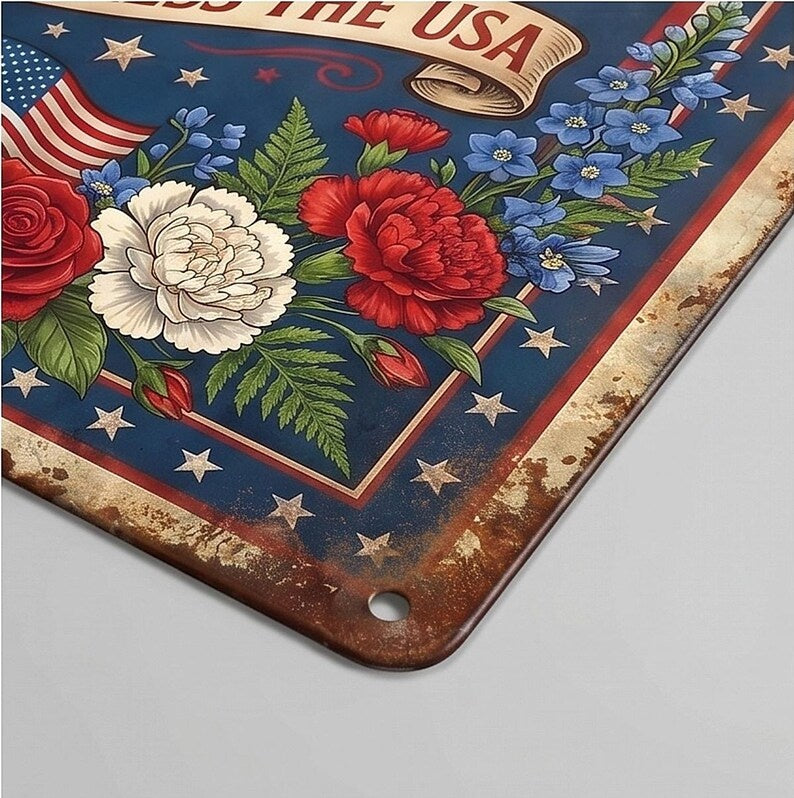 Welcome To Our Home Metal Sign Patriotic Floral USA Decor